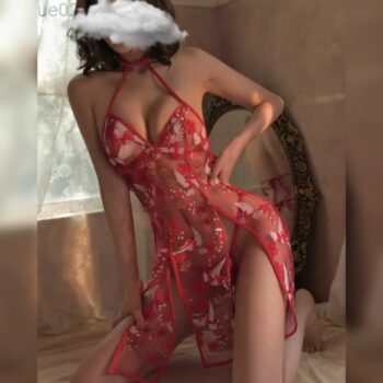 Erotic Mesh Sexy Floral Embroidery Halter Lingerie With Thong V Neck Backless Women'S Dress