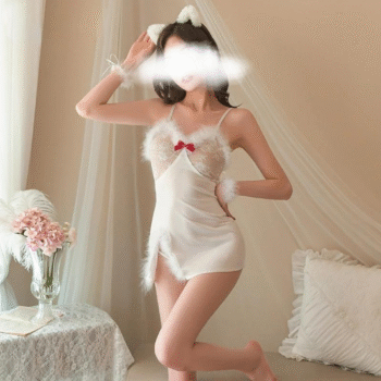 Cosplay White Teddy Fur Lingerie With Wrist Bands & Sexy Thong